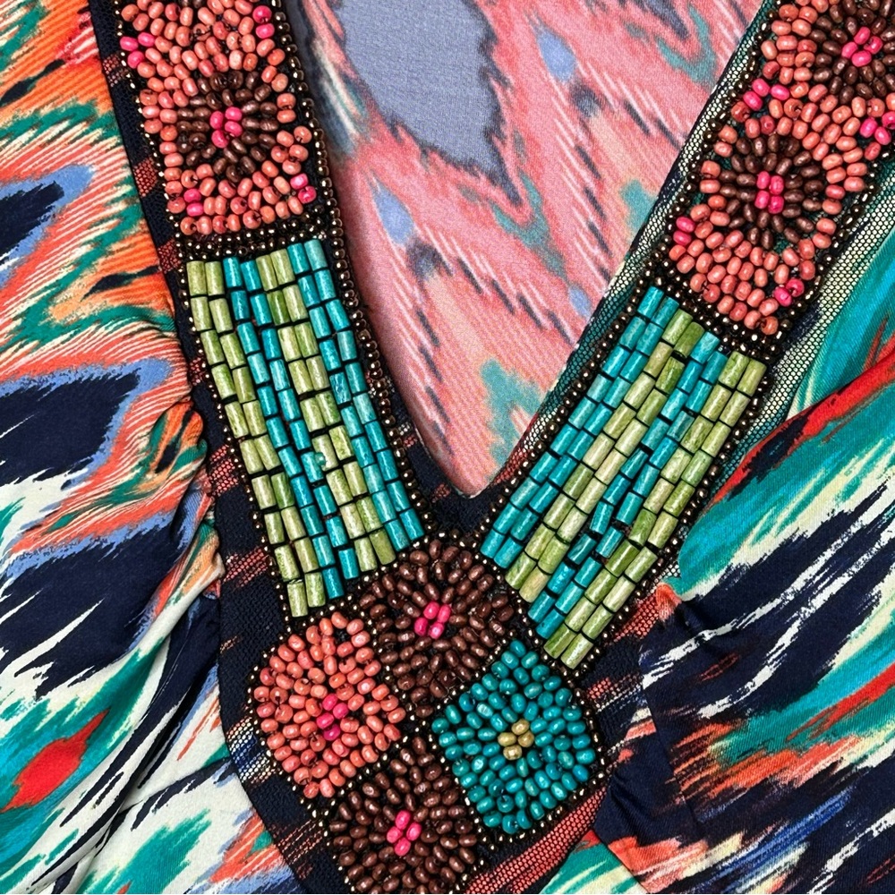 NY Collection Vintage Multicolor Zigzag Beaded Boho Maxi Sleeveless Dress Island - Picture 8 of 17
